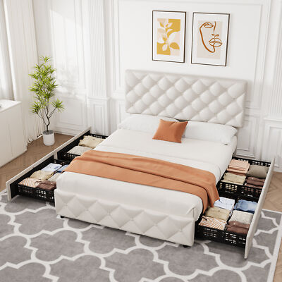 Bed Frame With 4 Storage Drawers, Faux Leather Upholstered Platform Bed Frame