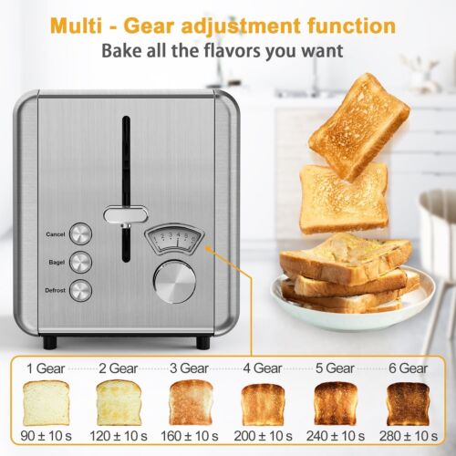 WHALL 2-Scheiben-Edelstahl-Toaster 6 Farbtoneinstellungen Bagel silber breiter Schlitz - Bild 5 von 7