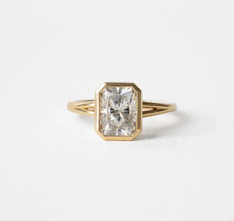 Bezel Set Split Shank Radiant Cut 2.25CT Moissanite 10K Yellow Gold Bridal Ring