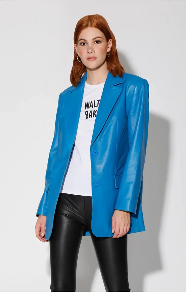 $698 Walter Baker Blazer Jacket Coat M Kira Lamb Leather Bright Blue Oversized