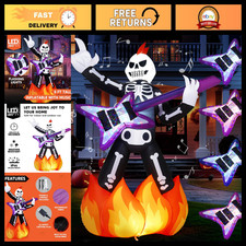 6ft Inflatable Skeleton with Guitar, LED Lights Music - Halloween Yard Decor
