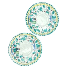 Vintage Italian Majolica Rooster Saucer Green 6 1/2" Wide Handpainted Set of 2