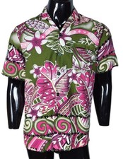 VTG 60s 70s Barkcloth Hawaiian Tiki Psychedelic Floral Men's Button-Down Shirt
