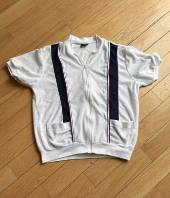Jantzen Full Zip Terry Cloth Jacket S Sleeve White Blue Stripe 1980 Size M