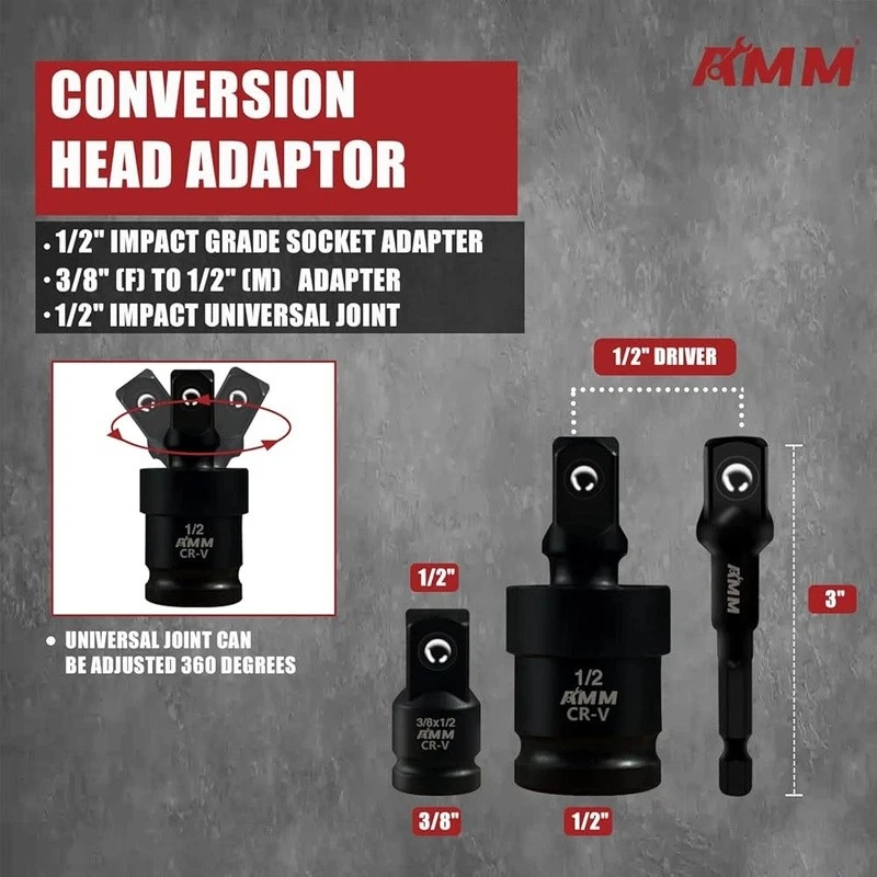35PCS 1/2 Impact Socket Set Deep Metric SAE Extensions Adapter Toolbox - Image 4 of 4