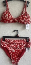 Time and Tru Womens S 4-6 Red Floral Bikini Set High Waist Knot Front NWT