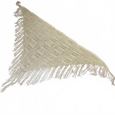 Vintage Cream Lace Shawl Floral with Fringe Boho Elegant Romantic