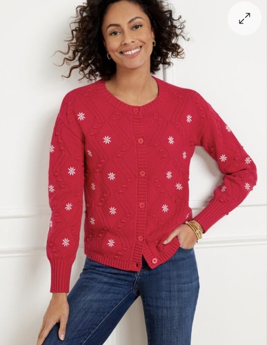 Womens Red/White Knit Button Front Cardigan Sweater Embroidered Snowflake