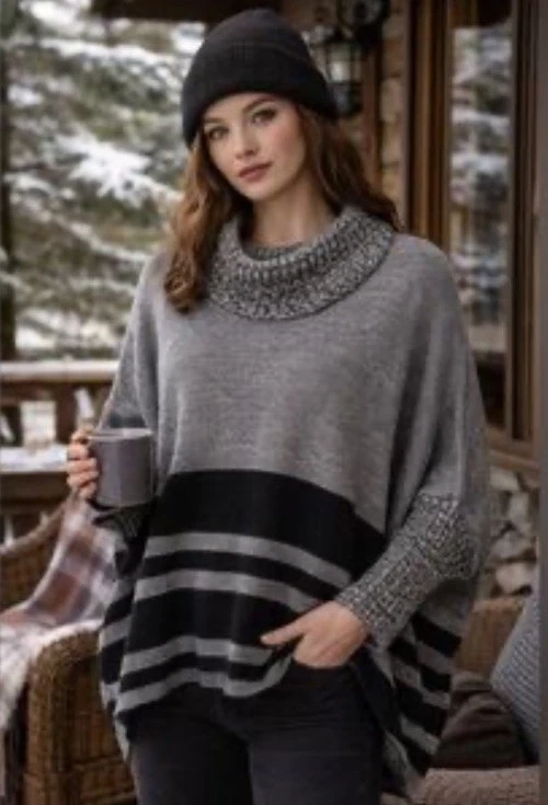 Anthropologie Maeve Size M/L Keisha Gray Oversized Turtleneck Poncho Sweater NWT
