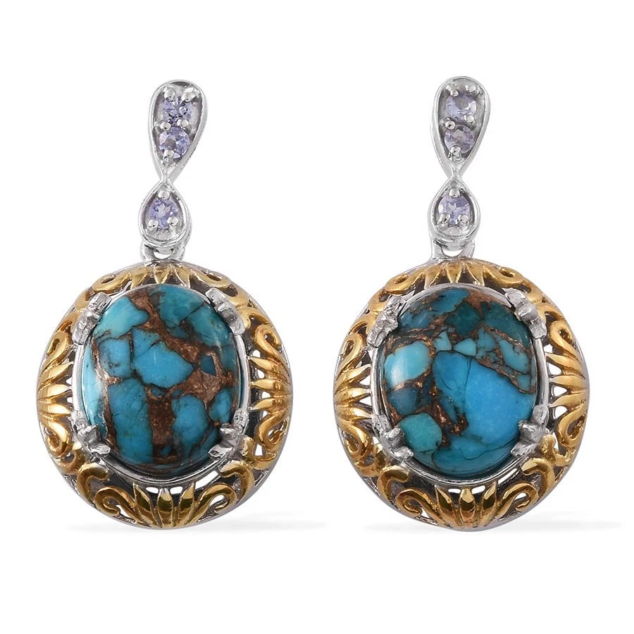 PENDIENTES MOJAVE AZUL TURQUESA 9,42 CT, TANZANITA, ORO 14K, PLATINO SOBRE PLATA Foto 3 de 4