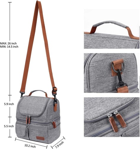 Gray LOKASS Dual-Deck Cooler Tote Lunch Bag with Detachable Shoulder Strap - Picture 2 of 8
