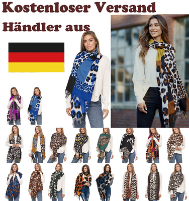 Glamexx24 Damen XXL Schal Kuscheliger warmer Leoparden Muster 3 farbiger Fransen