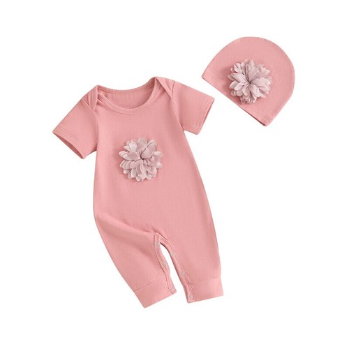 Toddler Baby Girl Floral One-Piece Overall Romper + Hat Long Sleeve Jumpsuit Set - Picture 10 of 11
