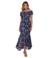 Xscape Raised Flower Off the Shoulder Flounce Midi Gown Dress Sz 12 *1124