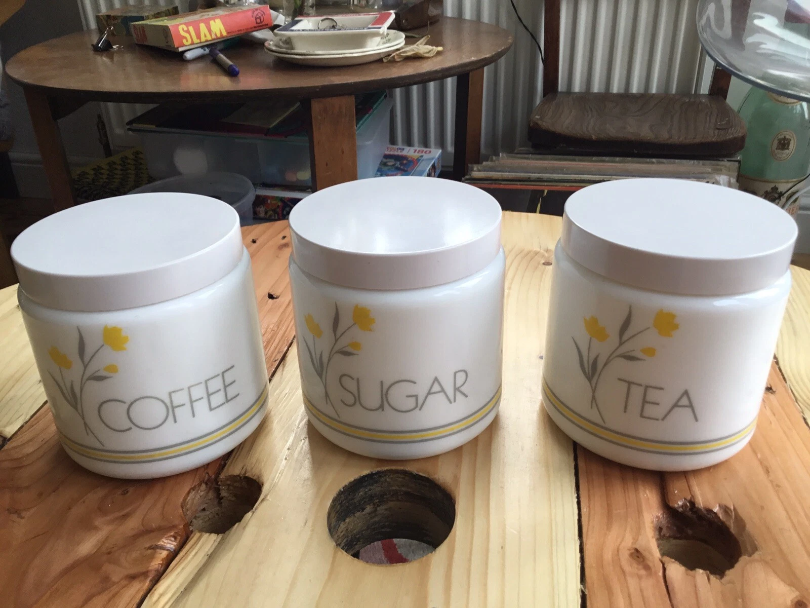 Vintage /Retro CLP Milk Glass Yellow Flower Tea Coffee Sugar Storage Jars. 70’s