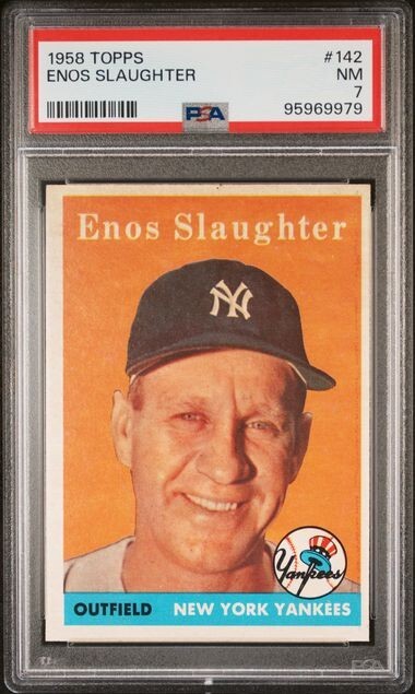 1958 Topps Baseball Enos Slaughter PSA 7 NM New York Yankees Card #142 cc23