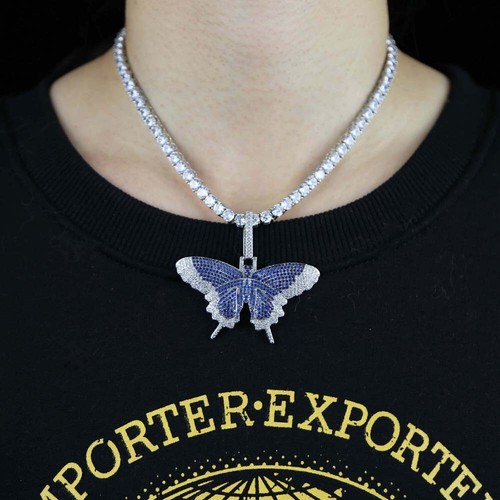 5AAA+ CZ Hip Hop Ice Out Butterfly Bling Pendant Necklace 14k Real Gold Plated - Picture 11 of 16