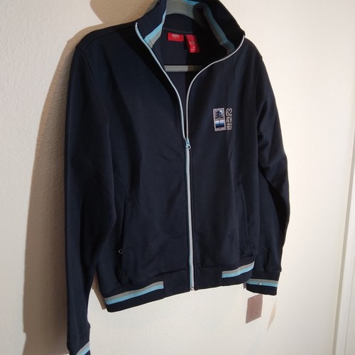 MOSSIMO Mens Navy Blue Zip Up Track Jacket Size Small Stripe Trim Pockets - Picture 7 of 12