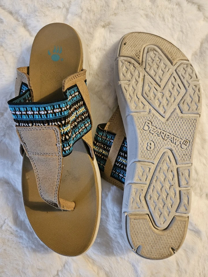 Sandalias chanclas BEARPAW para mujer talla 8 correa tejida blanca turquesa negra en muy buen estado Foto 3 de 4