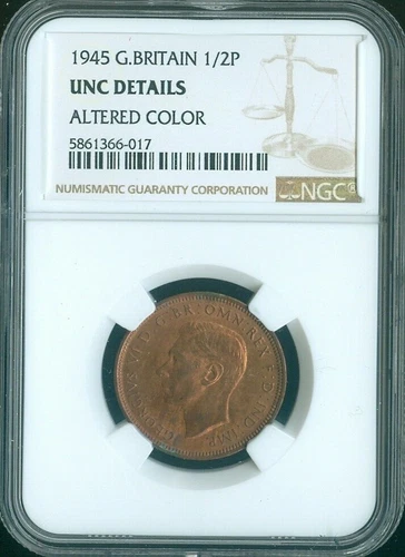 1945 Great Britain 1/2 Penny NGC ALTERED COLORS UNC✔️