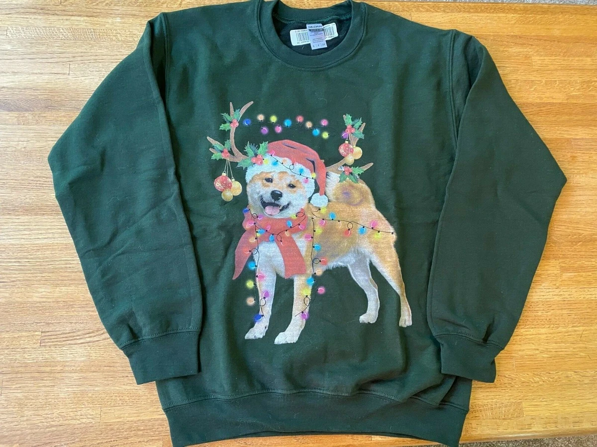 NEW Forest Green Gildan Christmas Holiday Lights Shiba Inu