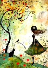 ACEO Artist Trading Card 2.5x3.5 Girl Cat Forest Scene Miniature Art Print ATC