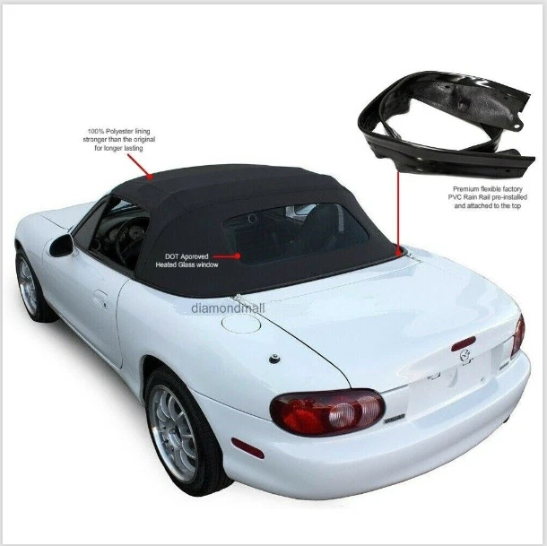 1990-05 Mazda Miata Convertible Soft Top w/ DOT Glass Window & Rain Rail, Black - Image 2 of 4