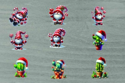 9x gemischte Weihnachtskaktus Pflanze/Weihnachtsmann Wichtel/Vinyl Aufkleber/Decal/Party Deko