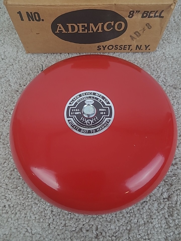 Red Fire Alarm Bell Ademco Alarm Device Mfg Co Model AD8 New Open Box