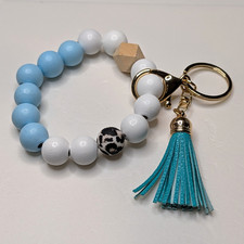 Blue White Gold Beaded Bracelet Wristlet Keychain Key Ring with Tassel