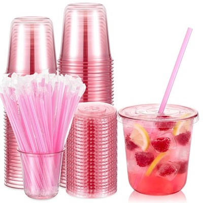 Ziliny 50 Sets Clear Round Bottom Plastic Cups with Lids and Straws, Cute Dis...