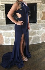 La Femme Navy Blue Side Slit High Neck Gown Size 00 Prom