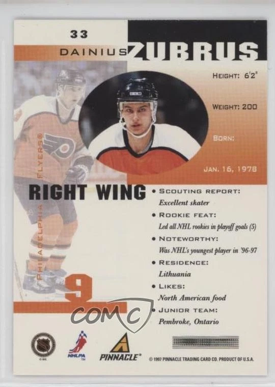 1997-98 Pinnacle Inside Coaches Collection Dainius Zubrus #33 - Image 2 of 2