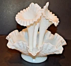 VTG Milk Glass FENTON Diamond Hobnail Vase Serving Dish (4 pc) Fluted Epergne