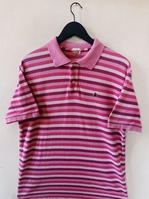Vintage Y2K Bape A Bathing Ape Head One Point Striped Polo Pink