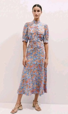 Me+Em Dress Tulip Print Ruched Midi UK Size 12 orange blue races wedding 