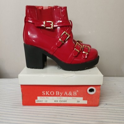 SKO By A&B Red Patent Ankle Boots With Gold Buckles Size 39 UK