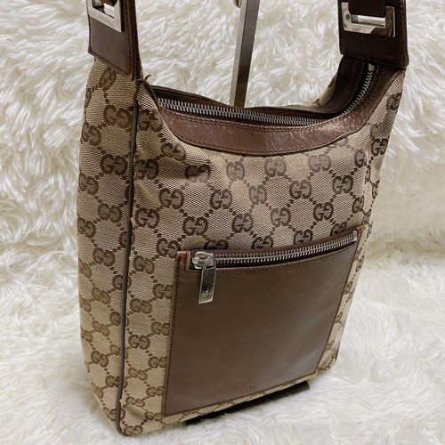 GUCCI GG Canvas Shoulder Bag Handbag 019-0537 Brown Leather Vintage Italy - Picture 2 of 15