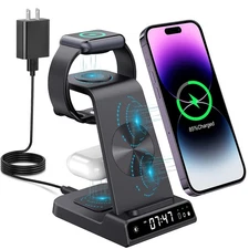 Wireless Charging Station, 3 in 1 Watch Charger Stand with Digital Clock Suit...