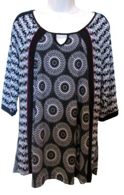Susan Lawrence Black and White Bohemian Geometric Tunic Career Blouse XL
