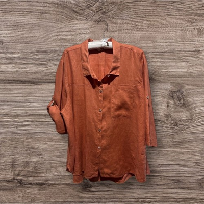 #ad Kleen Orange Rust 100% Linen Button Down Raglan Sleeve Blouse Top Size 2X Pocket $34.95