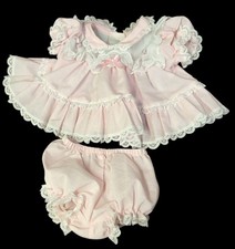W/ BLOOMERS Vintage Little Precious Pink Baby Dress Lace Tiered Preemie Newborn