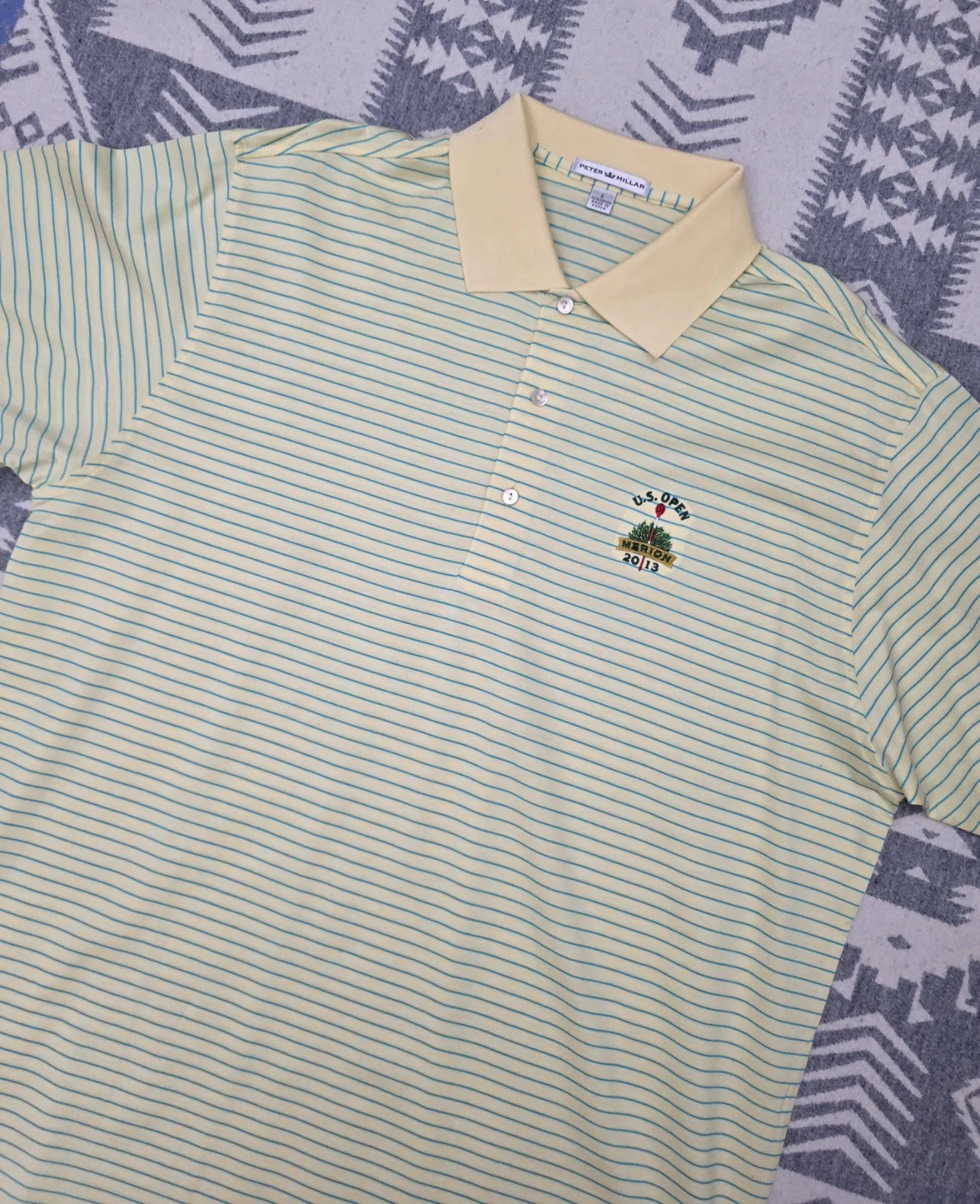 Peter Millar Polo Golf Shirt 2013 US Open Merion Short Sleeve L Yellow Striped
