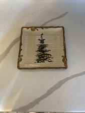 St. Nicholas Square Tan Ceramic SNOW VALLEY Tree Plate Snowy Pine w/Red Cardinal