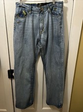 Vintage Y2K Akademiks Baggy Fit Jeans Men's 36x32 Lt Blue Embroidered Wide Leg