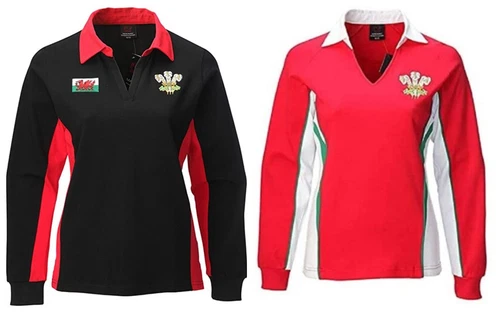 New Women's Welsh Cymru Am Byth Long Sleeve V Collar Rugby Slim Fit Shirt Top