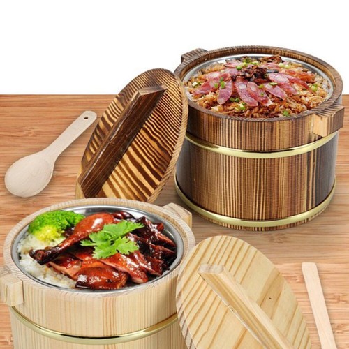 Holz Reiskübel Kinder Schüssel Behälter mit Deckel Sushi Wanne Wärmer - Bild 2 von 12