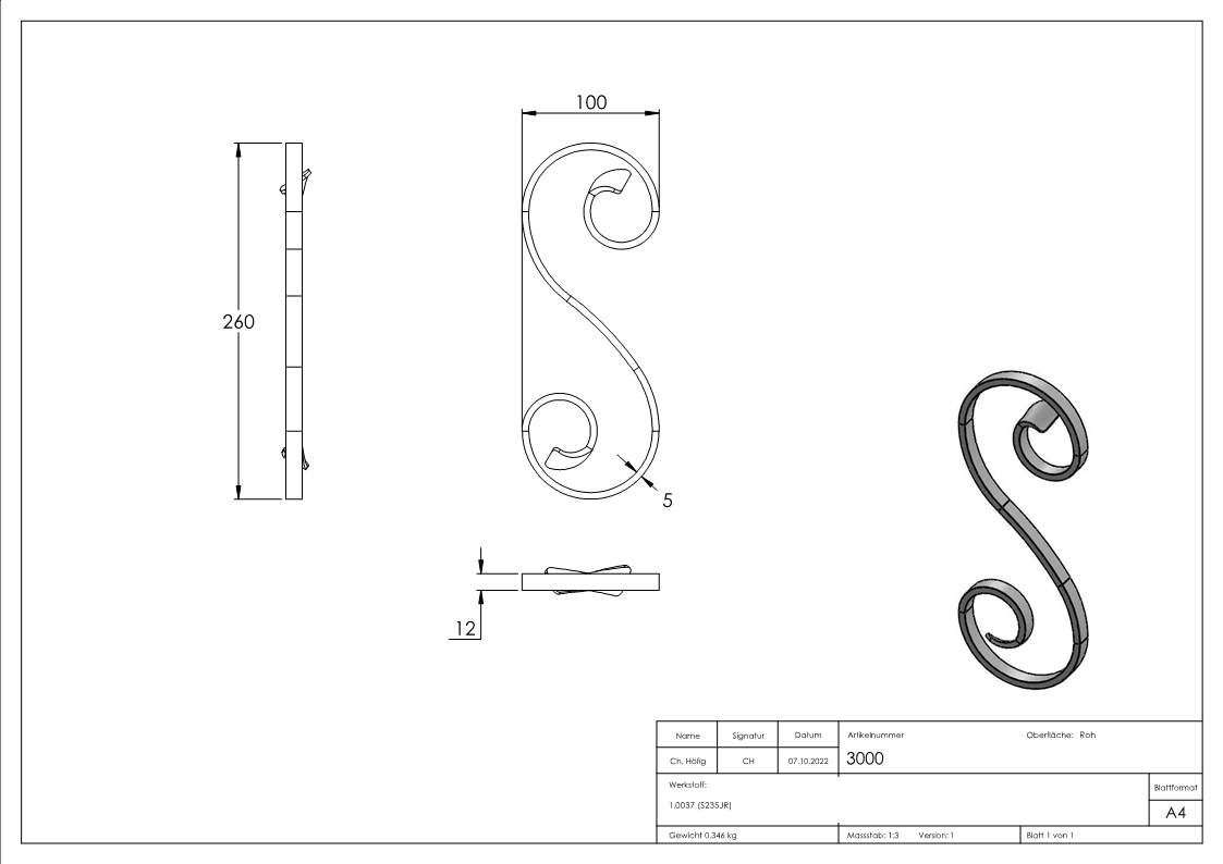 Fenau S-Schnecke - 150x60mm, Stahl S235JR, Roh, Schweißbar - Zierelement Für Zäune Und Tore