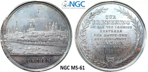 NGC Munich 1858 MS 61 Unc City View White Metal WM Medal Germany Rare Luster