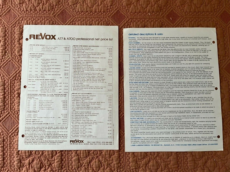 CATALOGUE ORIGINAL DE prospectus Studer Revox avec A77 A76 A78 A700
